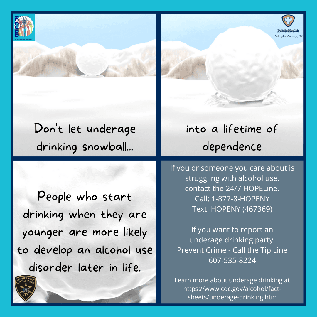 Image of a snowball rolling down a hill with underage drinking prevention text